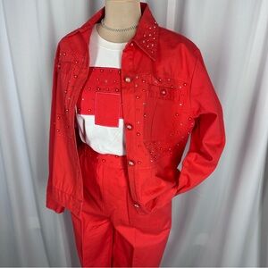 VTG Saint Germain 3 Pc Pants, T Shirt, Jacket Outfit‎ Sz S Red White Embellished